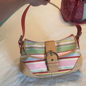 Coach Pastel Stripe Canvas Shoulder Bag with Coral Strap